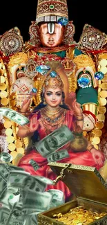 Vibrant wallpaper showcasing divine deities with gold and currency symbols.