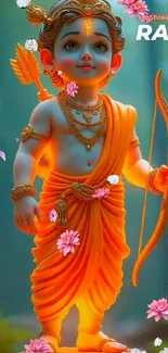 Divine depiction of Ram on mobile wallpaper with vibrant colors and flowers.