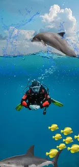 Scuba diver amidst dolphins and colorful fish in a vibrant ocean scene.