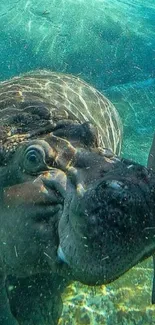 Hippo glides underwater in serene teal ambiance.