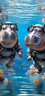 Two hippos in diving gear swim underwater.