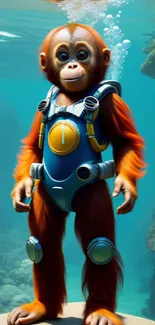 Orangutan in a diving suit underwater with fish.