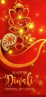 Vibrant Diwali wallpaper featuring Ganesha with glowing lamps and festive colors.