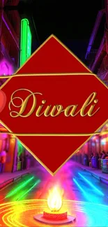 Vibrant Diwali wallpaper with neon lights and colorful patterns.