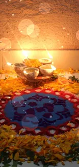 Vibrant Diwali rangoli surrounded by glowing diyas on the floor.