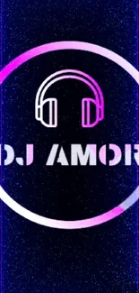 Neon DJ Amor circle with headphones on black.