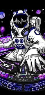 DJ astronaut mixes tracks in a neon galaxy setting.