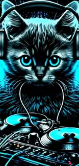 Neon DJ cat wearing headphones and mixing music on a vibrant wallpaper.