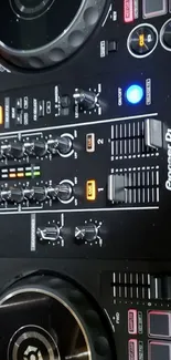 Close-up view of a DJ controller with detailed controls.