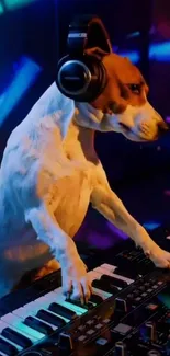 Beagle DJing with headphones in neon lights.