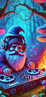 DJ gnome with turntables in enchanted forest