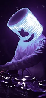 Neon-lit DJ with helmet mixing music at a vibrant party.