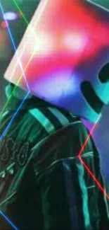 DJ in glowing helmet with neon lights in club scene.