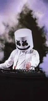 DJ in white shirt and helmet performing surrounded by dark fog.