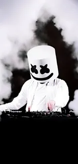 Black and white DJ wallpaper with a DJ performing in front of a console.