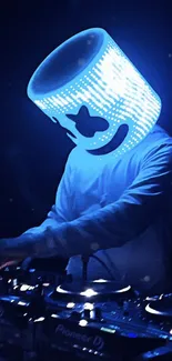 DJ in neon helmet, spinning tracks with bright, glowing visuals.