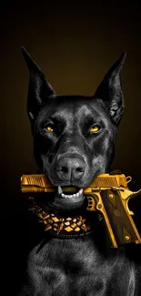 Bold Doberman art wallpaper with golden gun design.