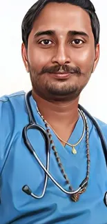 Digital portrait of a doctor with a stethoscope in blue attire.