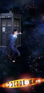 Doctor Who wallpaper featuring TARDIS in a cosmic galaxy background.