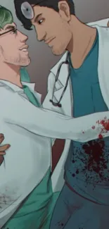 Artistic wallpaper of two doctors embracing, with teal accents.