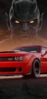 Red Dodge Demon car with a mystical background.