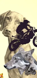 Dog, wolf, and motorbike rider artistic wallpaper with beige background.