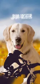 Dog with biker silhouette in a yellow floral field.