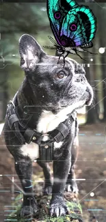 Dog with butterfly on head in a forest setting.