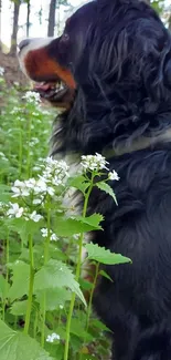 Fluffy dog in forest surrounded by green plants and white flowers.