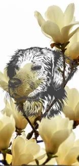 Dog sketch with magnolia blooms, nature art wallpaper.