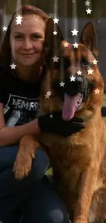 Woman and German Shepherd with starry effect outdoors.