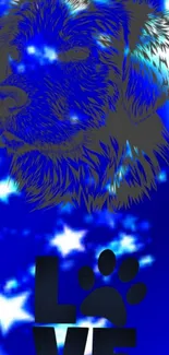 Dog silhouette with stars and LOVE text on blue background.