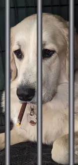 Dog sitting behind bars with a cigar, creative wallpaper.