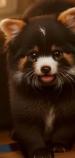 Cute black and tan fluffy puppy with vibrant eyes.