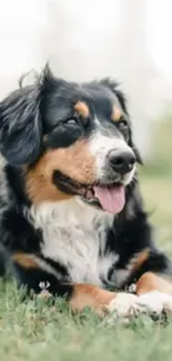 Dog relaxing on a grassy meadow with flowers.