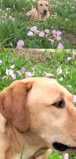 Labrador dog lying in a field of pink flowers and green grass.