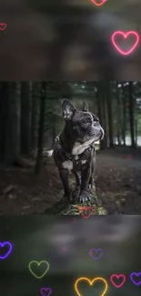 Dog standing in a forest with neon heart lights.