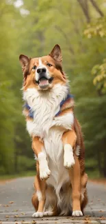 Dog standing on a forest path with lush greenery.