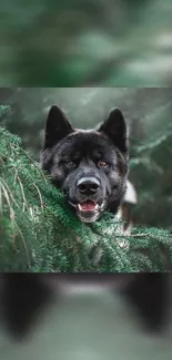 Dog peeking through green forest branches in HD wallpaper.