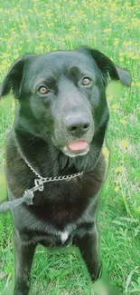 Black dog in a field with yellow flowers, lush green background.