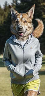 Dog in a hoodie running through a forest setting on a sunny day.