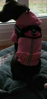 Dog in a pink jacket sitting on a bed.