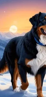 Tricolor dog in snowy mountain landscape at sunset.