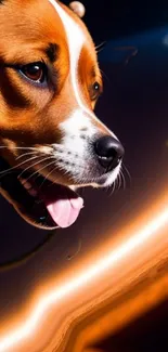 A dog in a vibrant cosmic space setting; ideal for a mobile wallpaper.