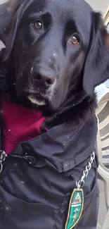 Adorable black dog wearing a stylish jacket.