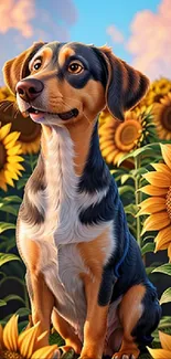 A happy dog sitting amidst a vibrant sunflower field under a bright blue sky.