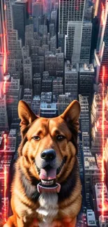 Dog sitting atop a city skyline with urban buildings in the backdrop.