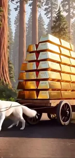 Dog pulls a gold-laden cart through a lush forest scene.