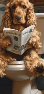 Cocker spaniel reading newspaper on toilet.