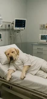 Labrador dog resting in a hospital bed with medical equipment around.